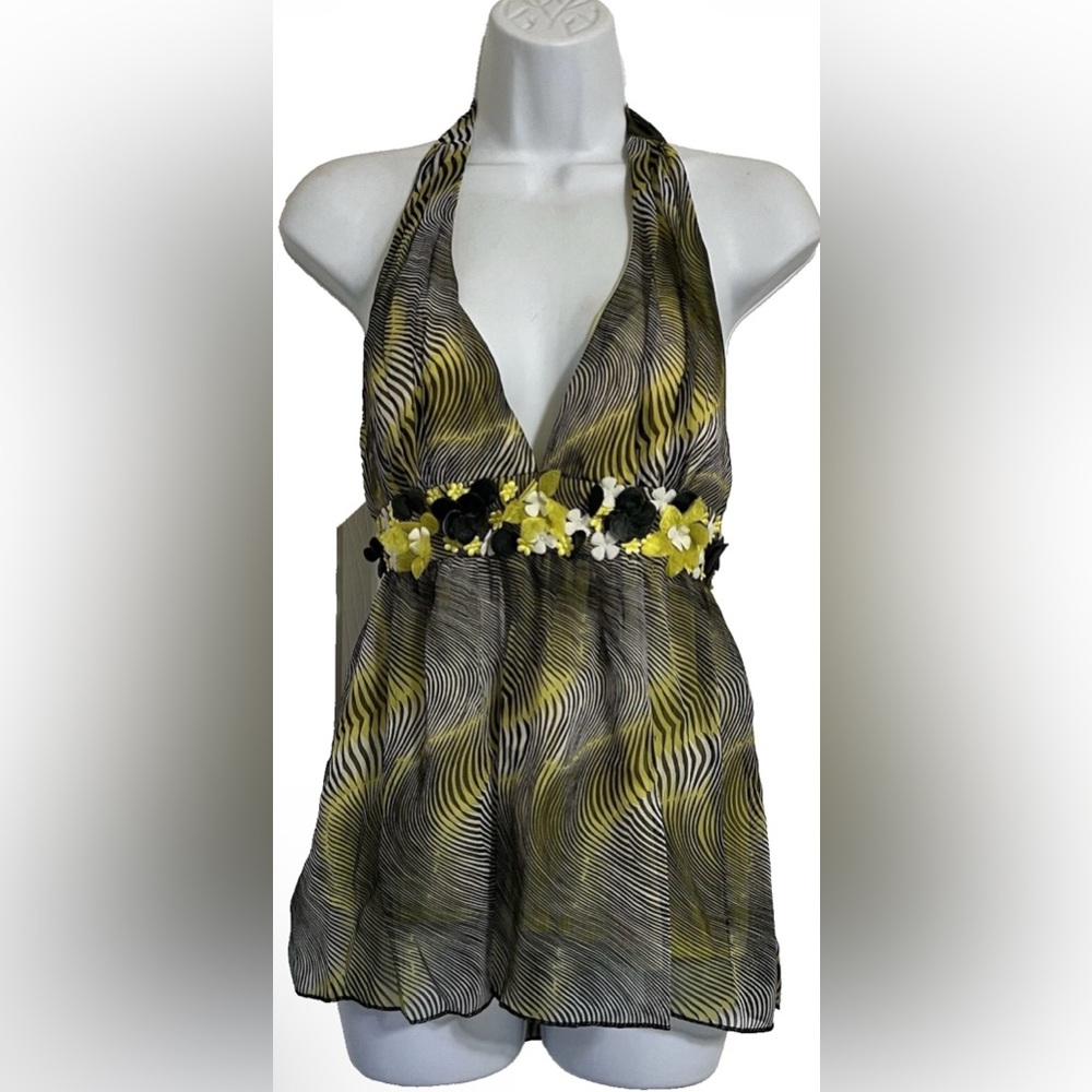 Lucy Paris Halter Women’s Size S Appliqué Flowers Yellow Black V-Neck  NEW TAGS